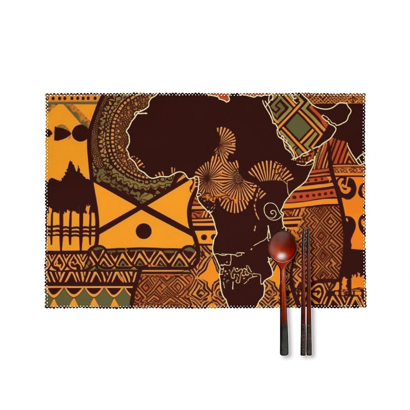 African Map Ethnic Pattern Placemats Set of 6 Wipeable Table Mats for Kitchen Dining Table Heat Resistant Waterproof Modern Indoor/Outdoor Non-Slip Easy Clean Place Mats