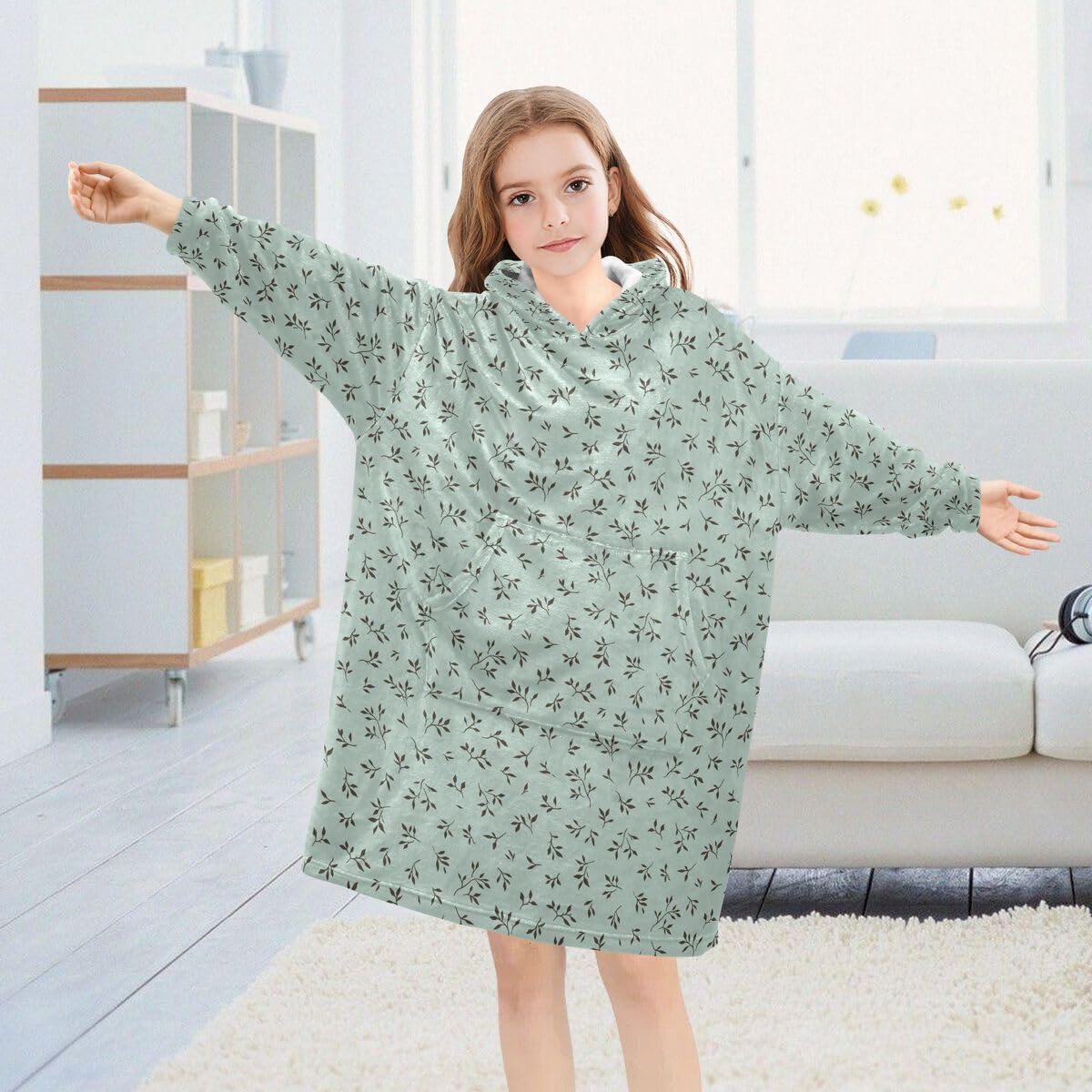 Uroczy kwiatowy Lleaves dziecięcy koc do noszenia z kapturem oversize bluza koc sweter zielony dla chłopców i dziewcząt w wieku 3-14 lat, multi, 150-170