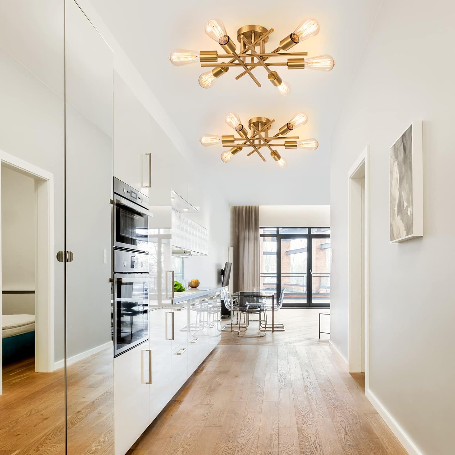 Sputnik Chandeliers, Modern Semi Flush Mount Ceiling Light with E26 Base, Mid Century Industrial Kitchen Farmhouse Light Fixtures for Bedroom Living Room (Brass, Ceiling 6 Lights)