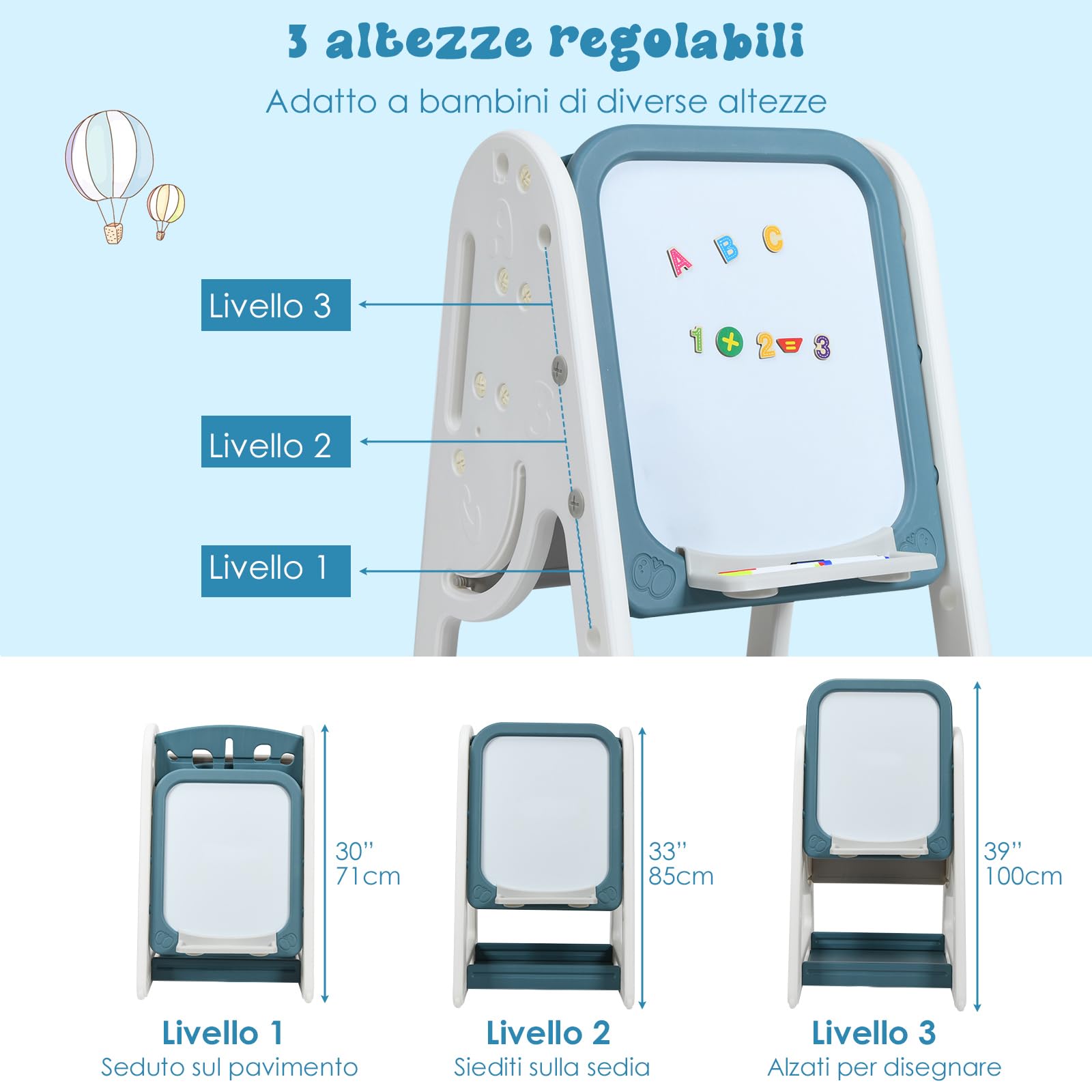 COSTWAY Set 2 in 1 Cavalletto per Bambini, Lavagna Magnetica Multifunzione Bifacciale, Libreria Bambini Altezza Regolabile, con Sedia e Accessori (Blu)