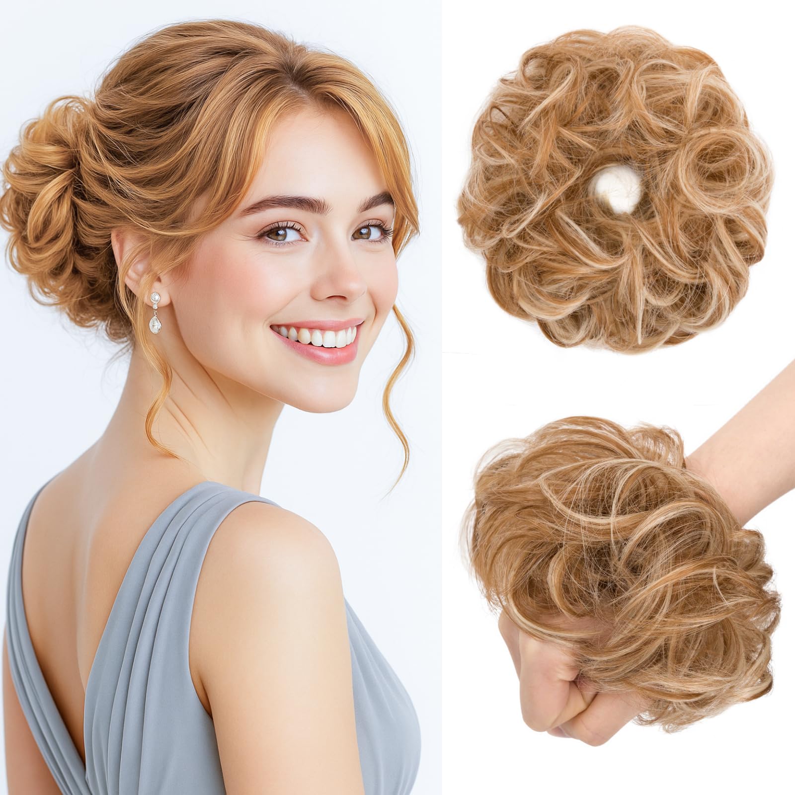 Benehair Messy Bun Hair Piece Curly Wavy Hair Scrunchies Messy Bun Scrunchie Synthetic Donut Updo Hair Pieces for Women Girls (Light Ash Brown & Bleach Blonde