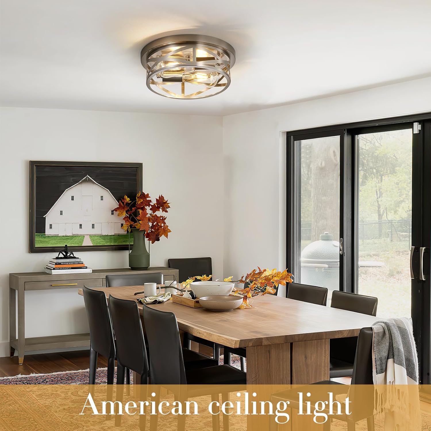 Close to Ceiling Light Fixtures, 2-Light Brushed Nickle Flush Mount Ceiling Light, 11 Inch Metal Cage Cross Modern Indoor House Ceiling Lights for Kitchen Bedroom Living Room Foyer Hallway Office