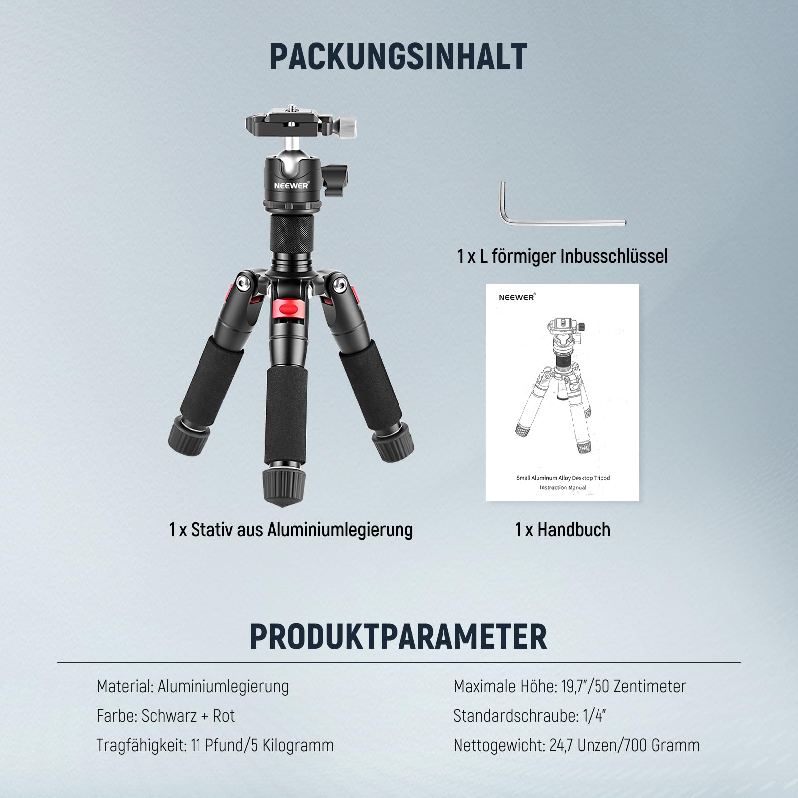 NEEWER Mini Tischstativ, 20'' Aluminiumlegierung Stativ, tragbarer Reiseständer, 360°Kugelkopf, 1/4" Schnellwechselplatte für DSLR Kamera Camcorder Videoaufnahmen max. Last 11 lbs, Reinigungstuch