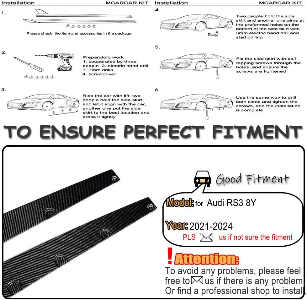 Real Carbon Fiber Side Skirts Compatible with Audi RS3 8Y 2021-2024 Under Door Rocker Panels Valance Extension Lip Factory Outlet