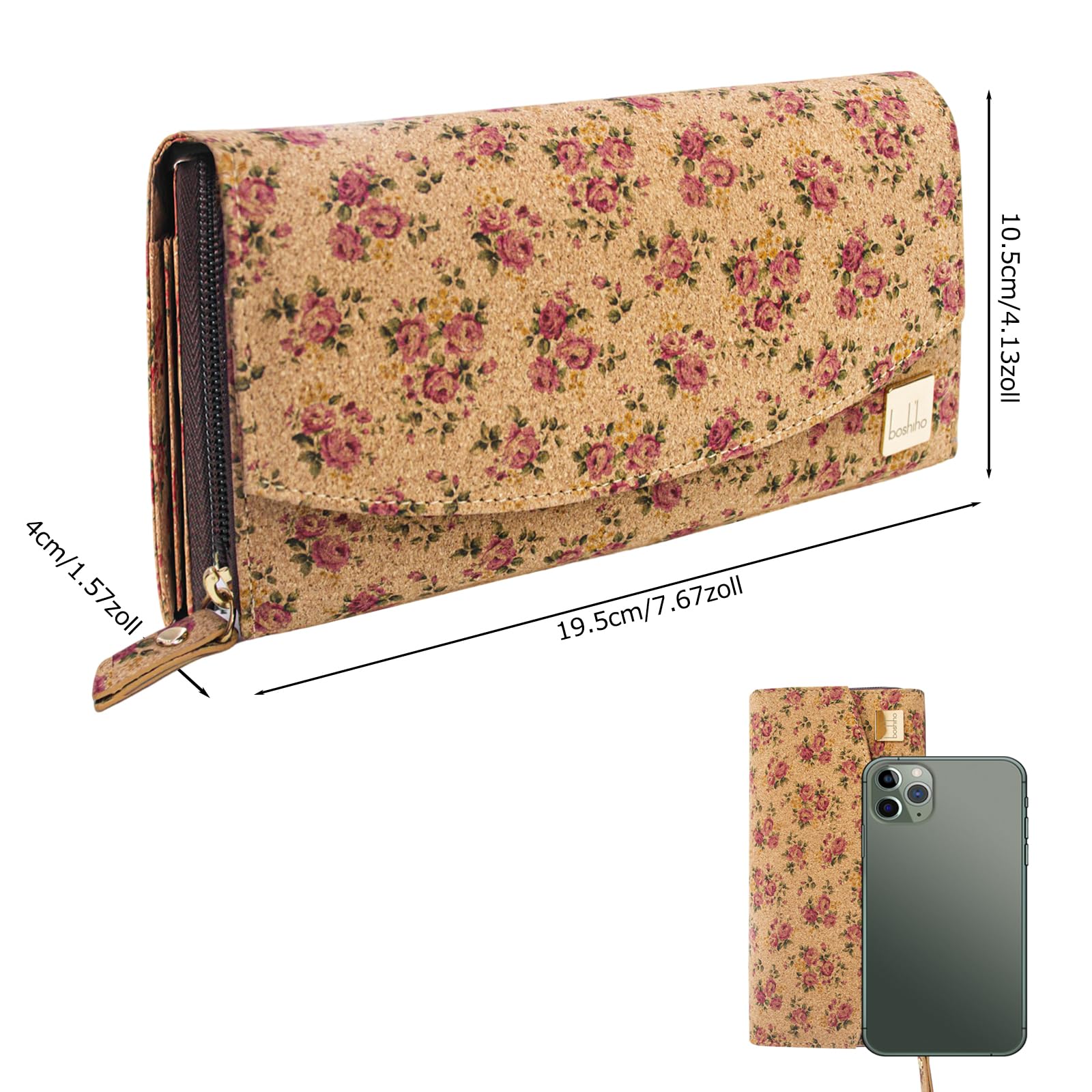 boshiho Monedero de Corcho Vegano para Mujer, Gran Capacidad con Cremallera, Portatarjetas, Bolsillo para Monedas, Compatible con Teléfono Inteligente, 100% Libre de Animales (Cork 2)