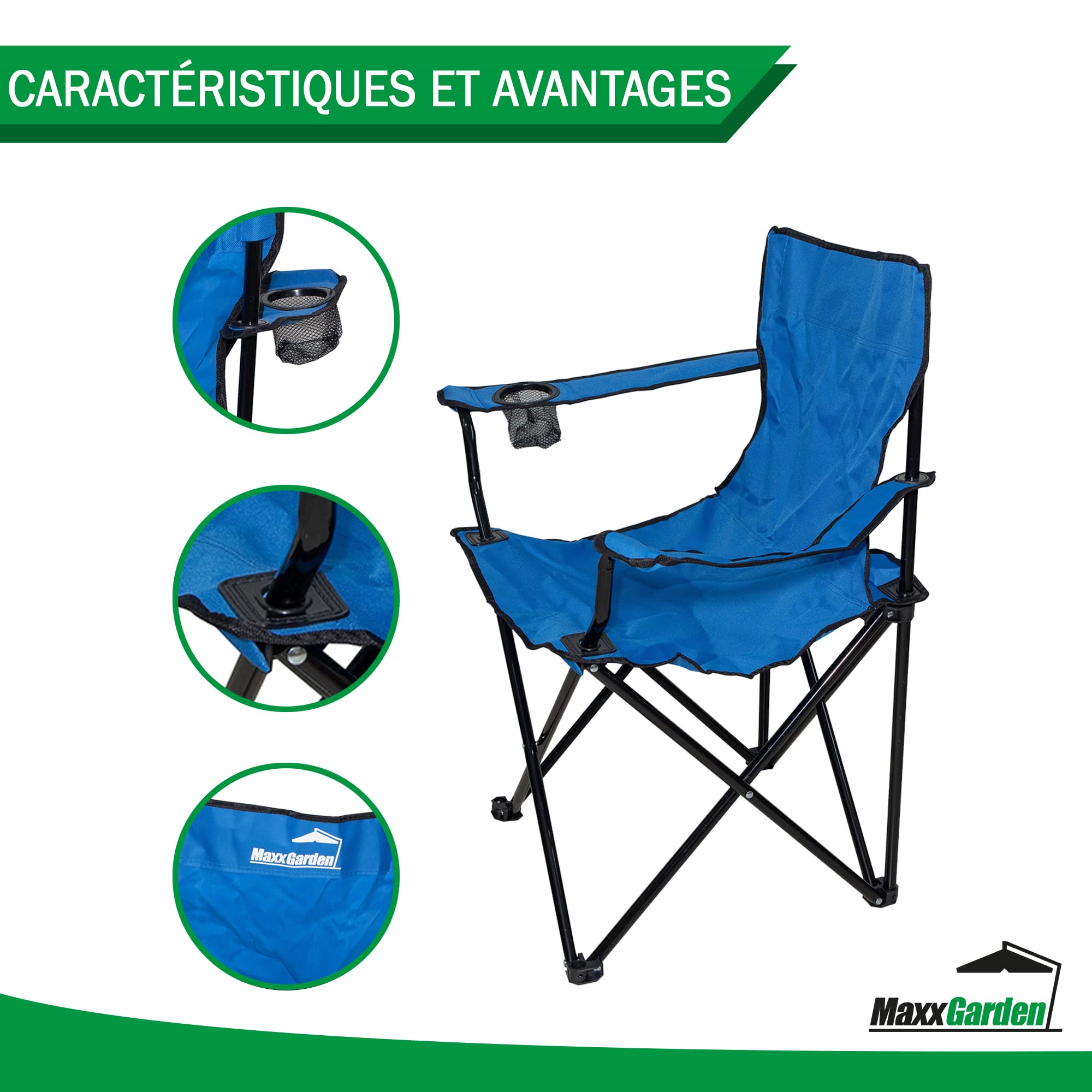 Chaise Pliante Camping MaxxGarden - Fauteuil Portable Avec Porte-Gobelet, Idéale Festivals, Plage, Pêche - Bleu