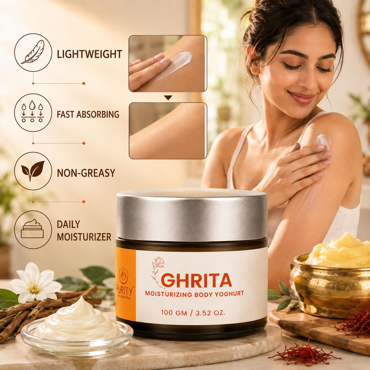 TEFTY Ghrita Moisturizing Body Yogurt | A2 Cow Ghee Kumkumadi Oil Ashwagandha | Deep Hydration Lightweight Non Greasy | Sulfate Paraben Free | 100g 3