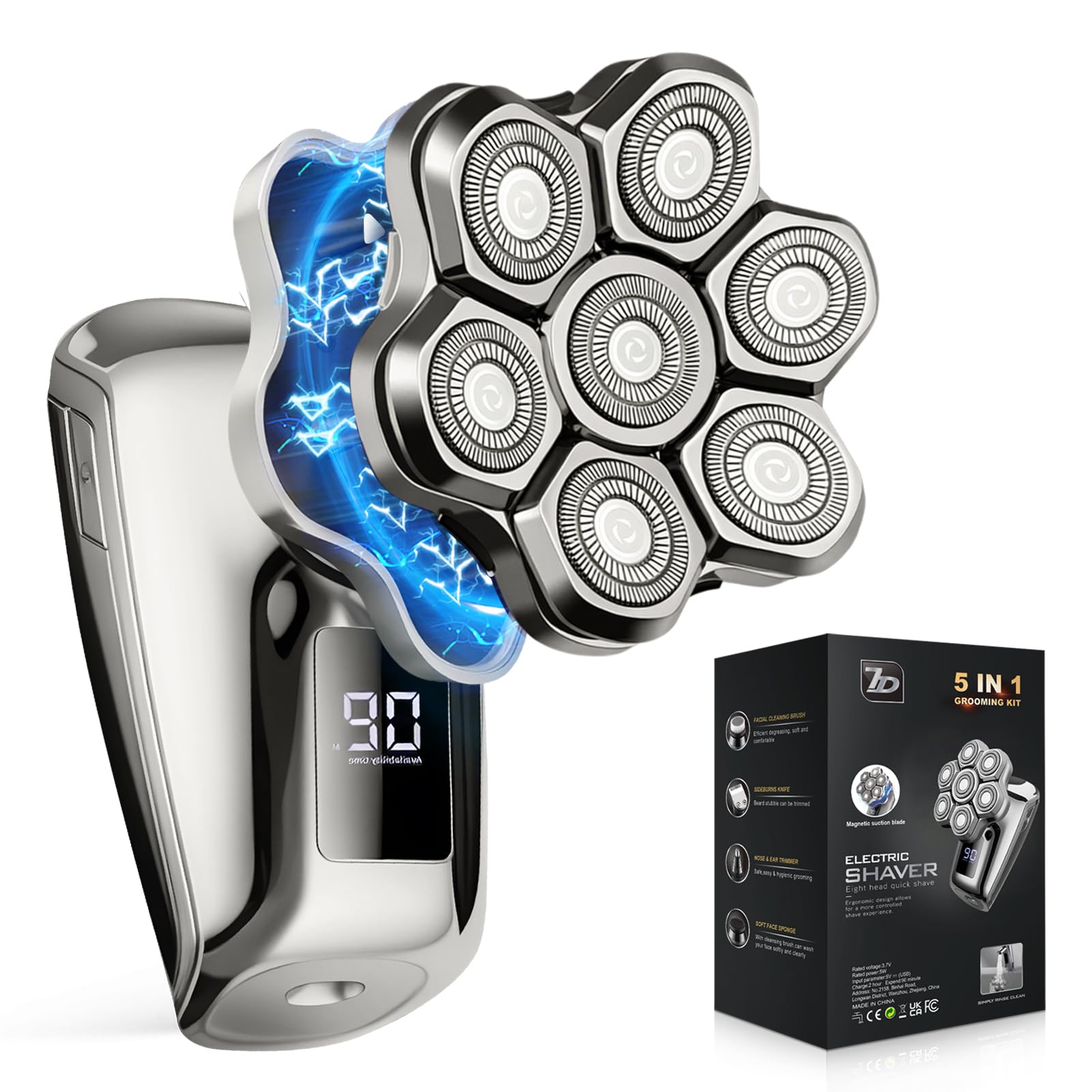 Head Shavers for Blad Men, 7D Floating Blades Electric Head Shaver, IPX7 Waterproof Wet Dry Bald Head Shaver, 7D Magnetic Detachable Rechargable Shavers, Gifts for Father Male Husband Aluminum