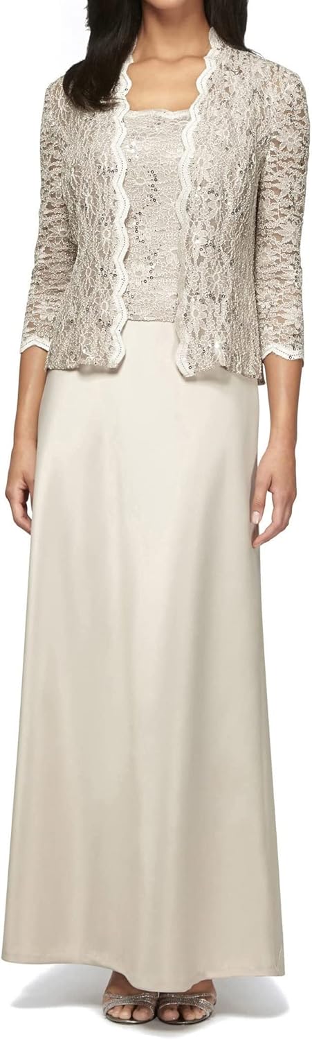 Petite Lace & Satin Gown with 3/4 Sleeve Scalloped Lace Jacket