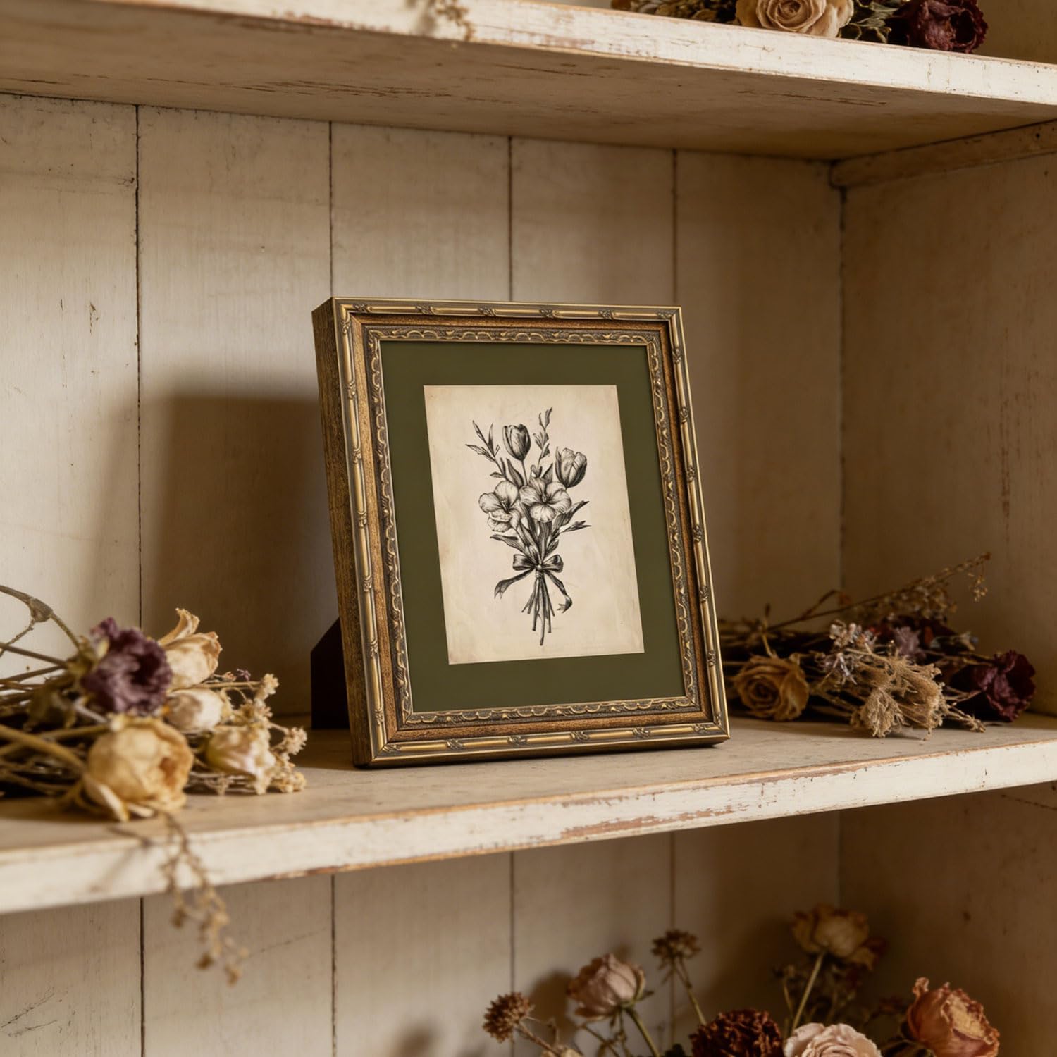 Gold Framed Wall Art Vintage Flower Sketch Wall Art Antique Sage Green Botanical Wall Decor Picture Dark Green Floral Drawing Poster Print for Bedroom Living Room 12x16in