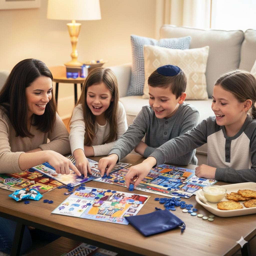 Rite Lite Hanukkah Quest Board Game - Jewish Holiday Game - Fun & Educational Chanukah Scavenger Hunt - Includes 6 Scenic Boards, 100 Dreidel Chips & Storage Bag - 1-6 Players Hanukkah Party Favors
