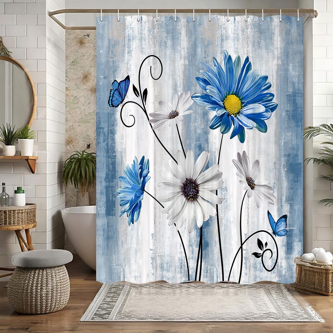 JAWO Camper Shower Curtain, Farm Rustic Farmhouse RV Shower Curtains for Travel Trailer Bathroom, Blue Daisy Floral Bathroom Curtain with Hooks, 47X64Inch