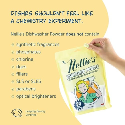 Miniatura 2 de Nellie's Polvo para lavavajillas, potente eliminación de grasa, ecológico y sin fosfatos, limpieza a base de plantas para platos espumosos, bolsa de