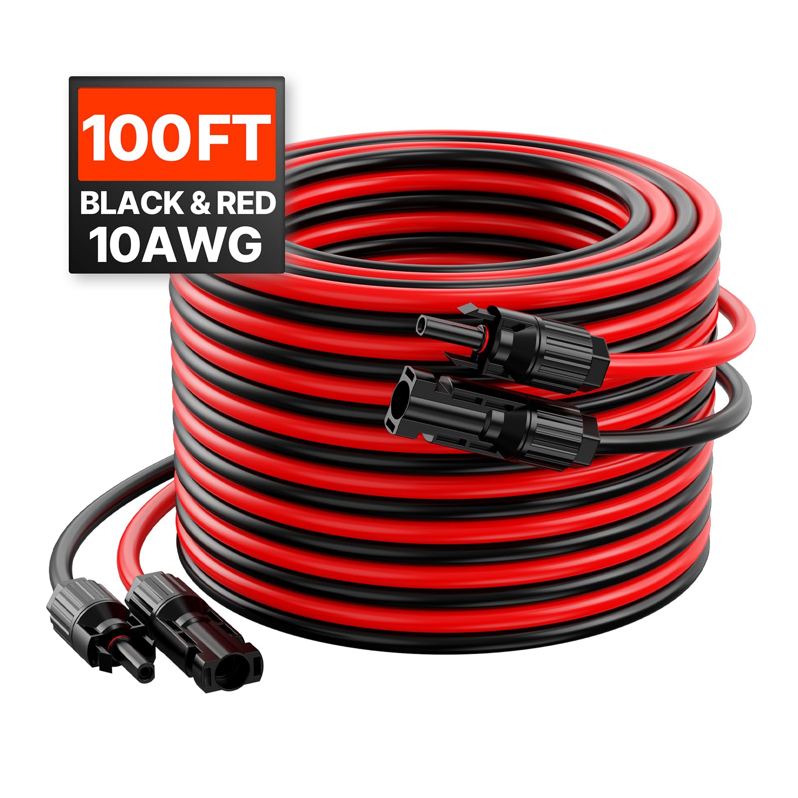 VEVOR Solarkabel 30,48 m, Verlängerungskabel 2er-Set, 10 AWG Kabel mit Wasserdichten Buchsen- & Steckeranschlüssen, PV-Kabel für Solarpanele zu Hause, auf Schiffen & in Wohnmobilen, Schwarz & Rot