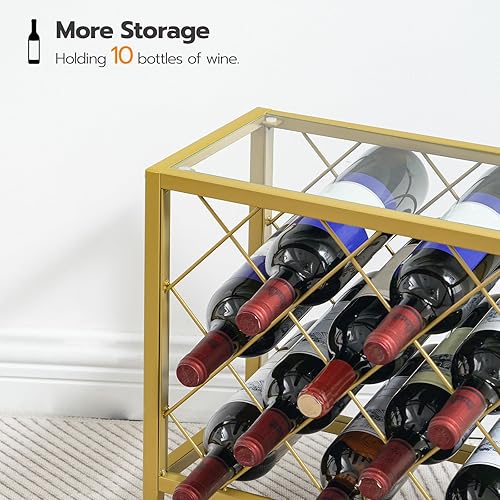 Miniatura 4 de HOOBRO Estante de vino para encimera, estante de almacenamiento de vino para 10 botellas, estante de vino pequeño de metal dorado moderno