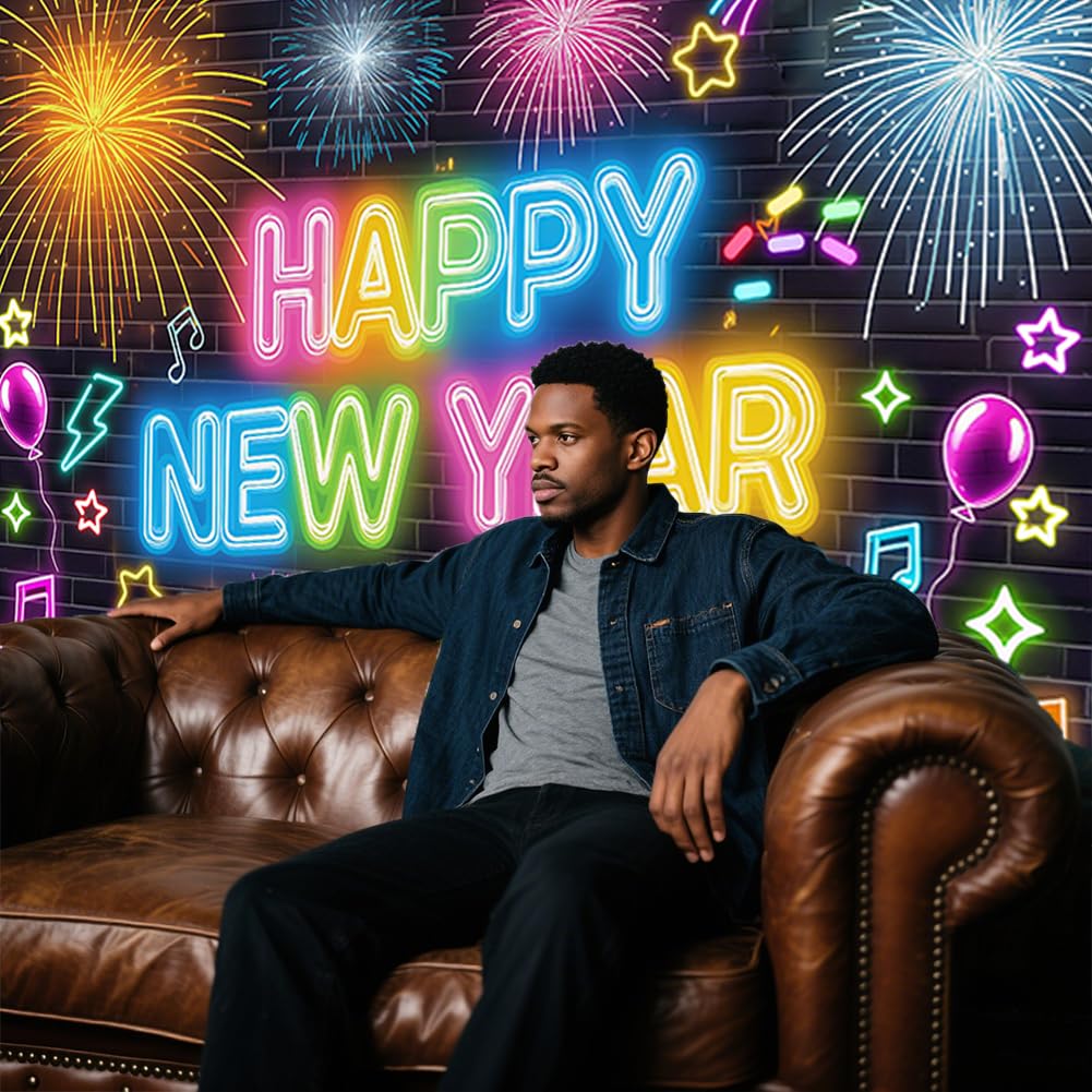CRAFTYMELODY Happy New Year Banner 72×44 Inch New Year Backdrop Wall Banner with Fireworks Photo Booth Yard Sign Indoor Outdoor with Grommets 3.2 Yard String for Party Decoration Background Supplies - Image 4