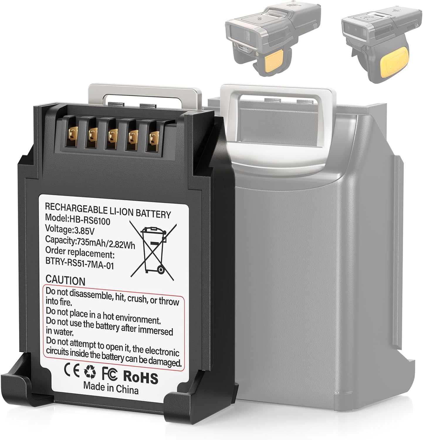 5-Pack 735mAh Replacement Lithium Battery for Zebra RS6100 Ring Scanner, BT-000398 Compatible with RS51 RS5100 RS51B0 RS51C0, RS61 RS61B0 RS61C0, BT-000397, RSBT5 Series, BTRY-RS51-7MA-01