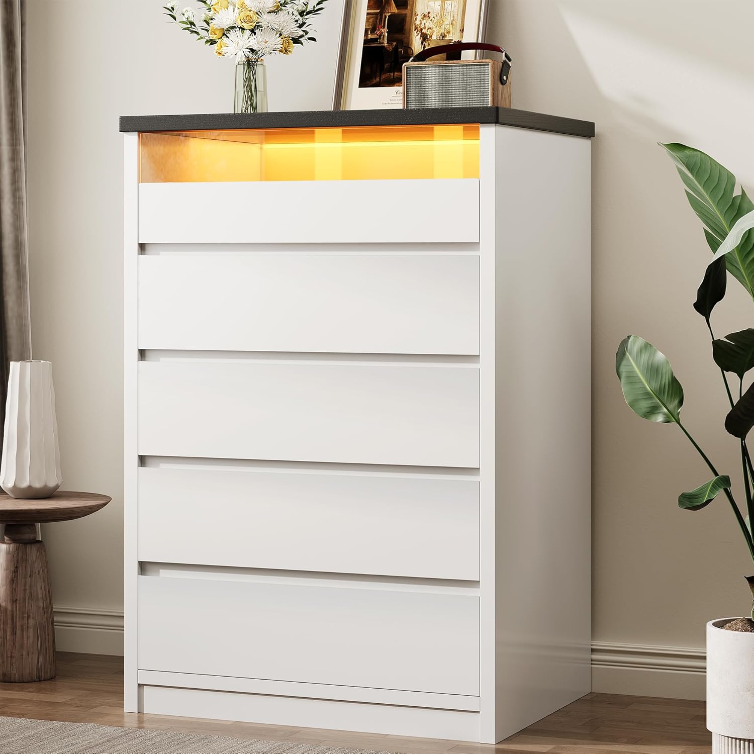Larger White 5 Drawer Dresser for Bedroom with LED Light, Modern Chest of Drawers with Hidden Handles, Tall Wooden Dresser Closet for Living Room, Entryway, Hallway - White