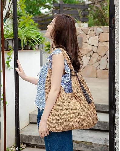 Miniatura 8 de QTKJ Bolso de hombro de paja grande y suave tejida a mano con borlas negras estilo bohemio con asa de paja estilo retro para playa de verano