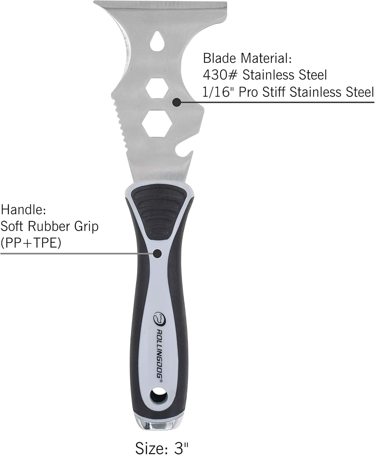 ROLLINGDOG 12 in 1 Painters Tools - 3 Inch Stanless Steel Paint Scraper Putty Knife Hammer Head Soft Grip Handle Paint Remover