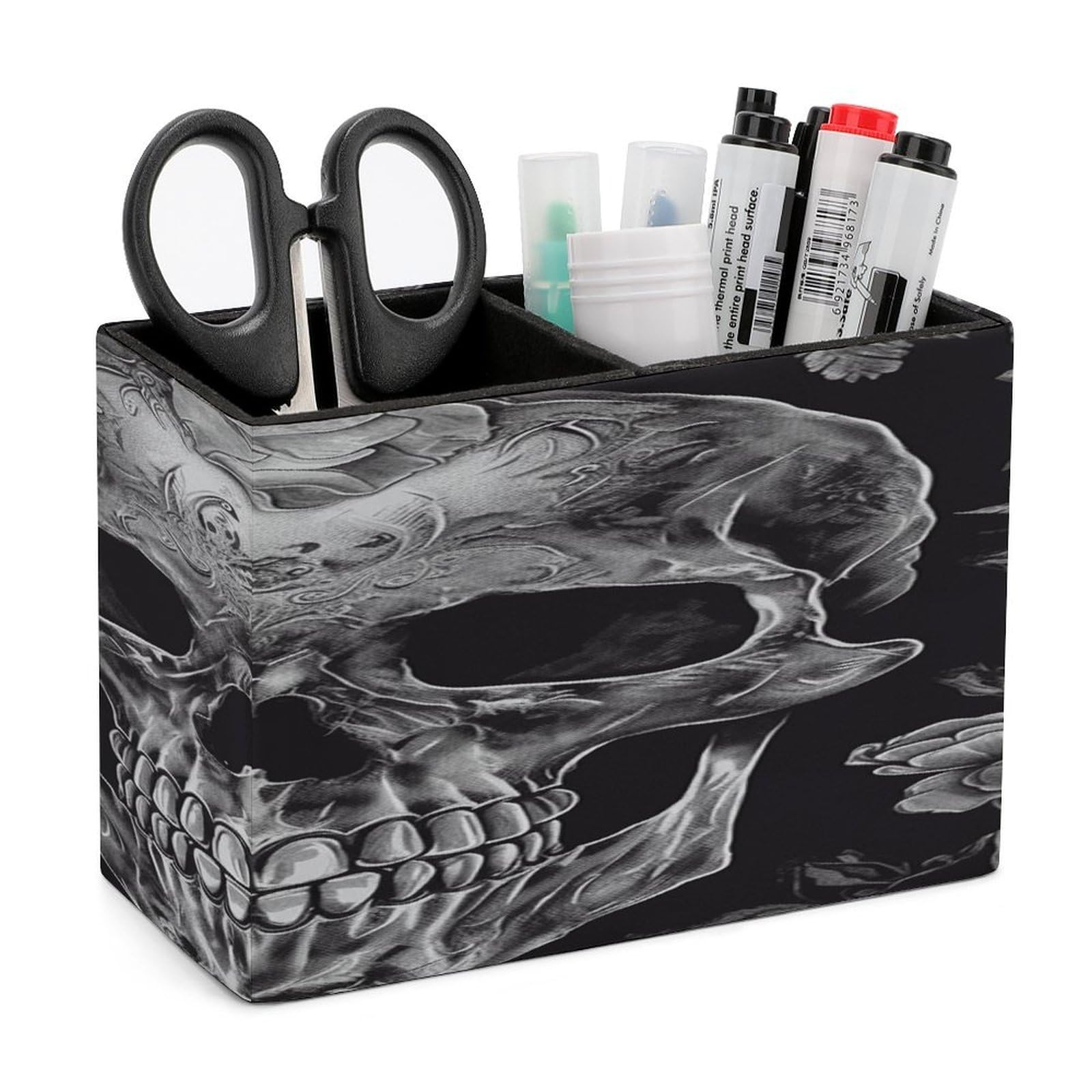 VstaDank Skull Skeleton Pencil Holder for Desk Organizer 2 Compartments Pen Cup Leather Square Pen Holder Pencil Cup Stand Makeup Brush Holders for Desktop Organizer Storage Case