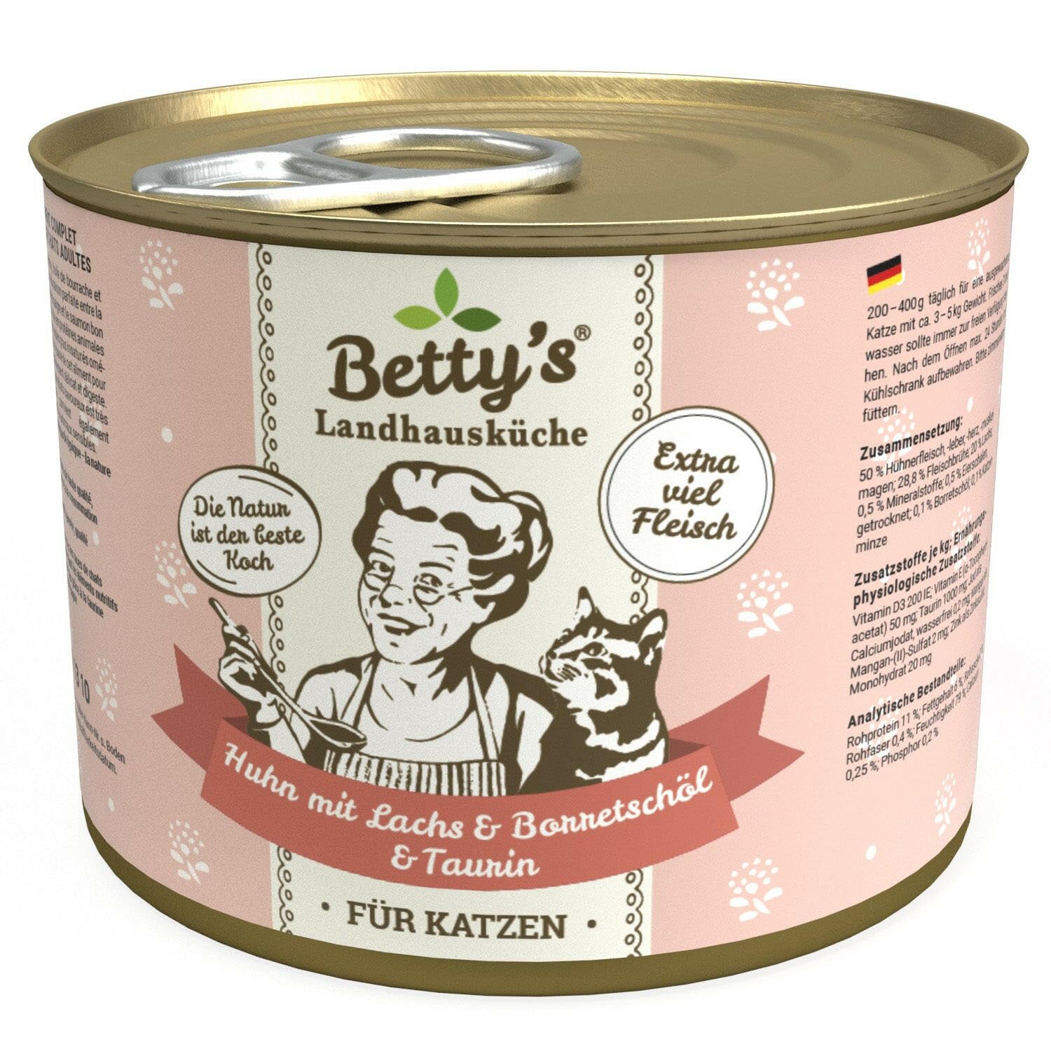 Betty's Landhaussküche puszka na mokrą karmę dla kotów, bez zbóż, najlepsza jakość, wysokiej jakości mięso, delikatnie gotowane, nadaje się dla wszystkich ras kotów, kurczaków i łososia, 6 x 200 g