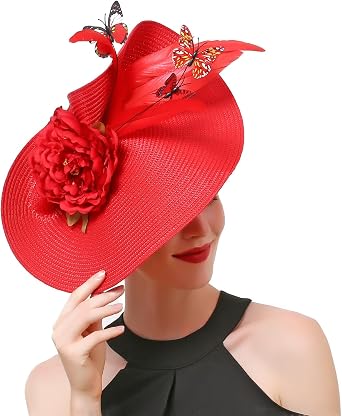 Women Straw Fascinator Hat, Flower Derby Headwear for Women Ladies