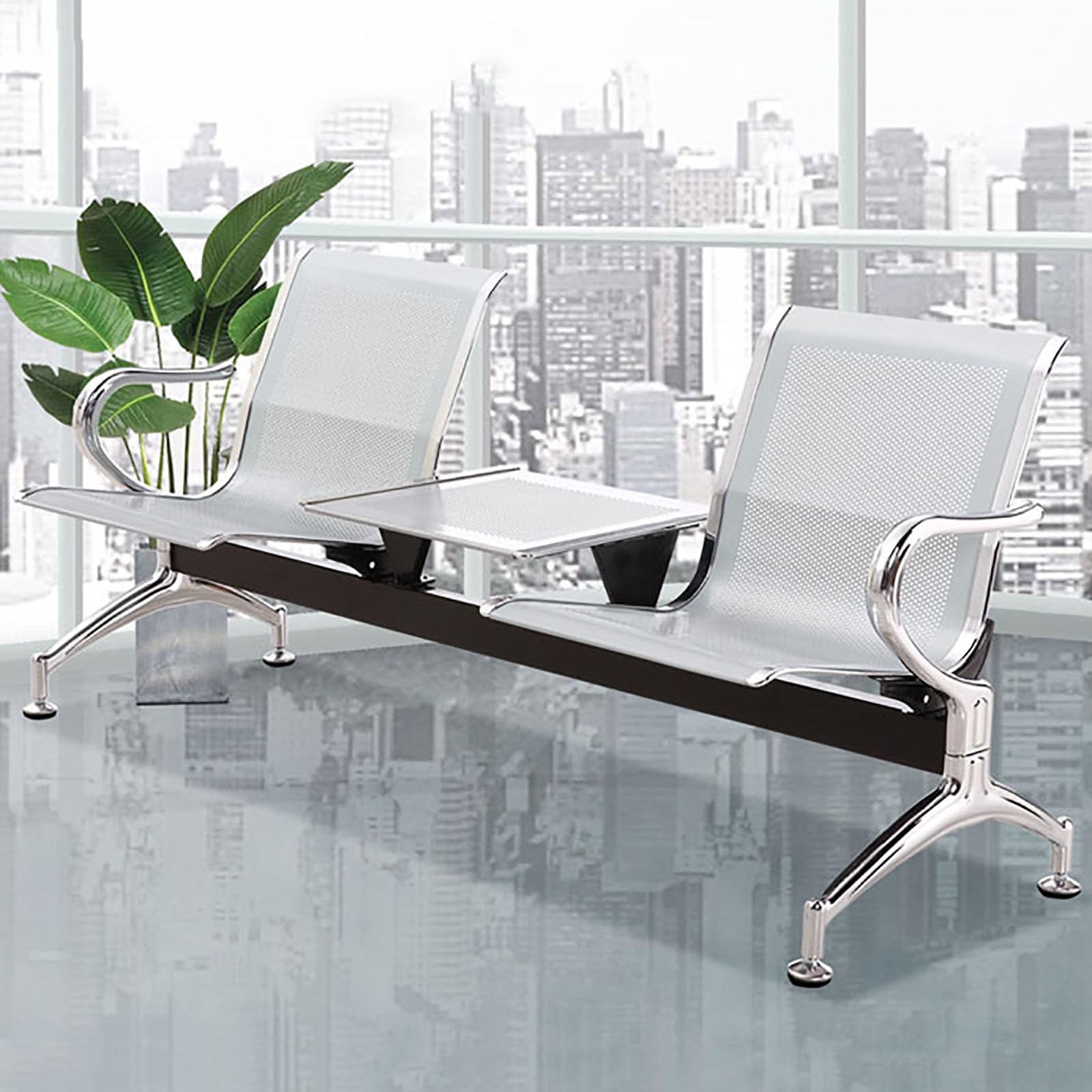 ASerZenith Stainless Steel 2-Seat Waiting Room Bench With Table & Armrests - Modern Reception Chairs For Office & Airport - Durable Design,Argenté.-Taille Unique