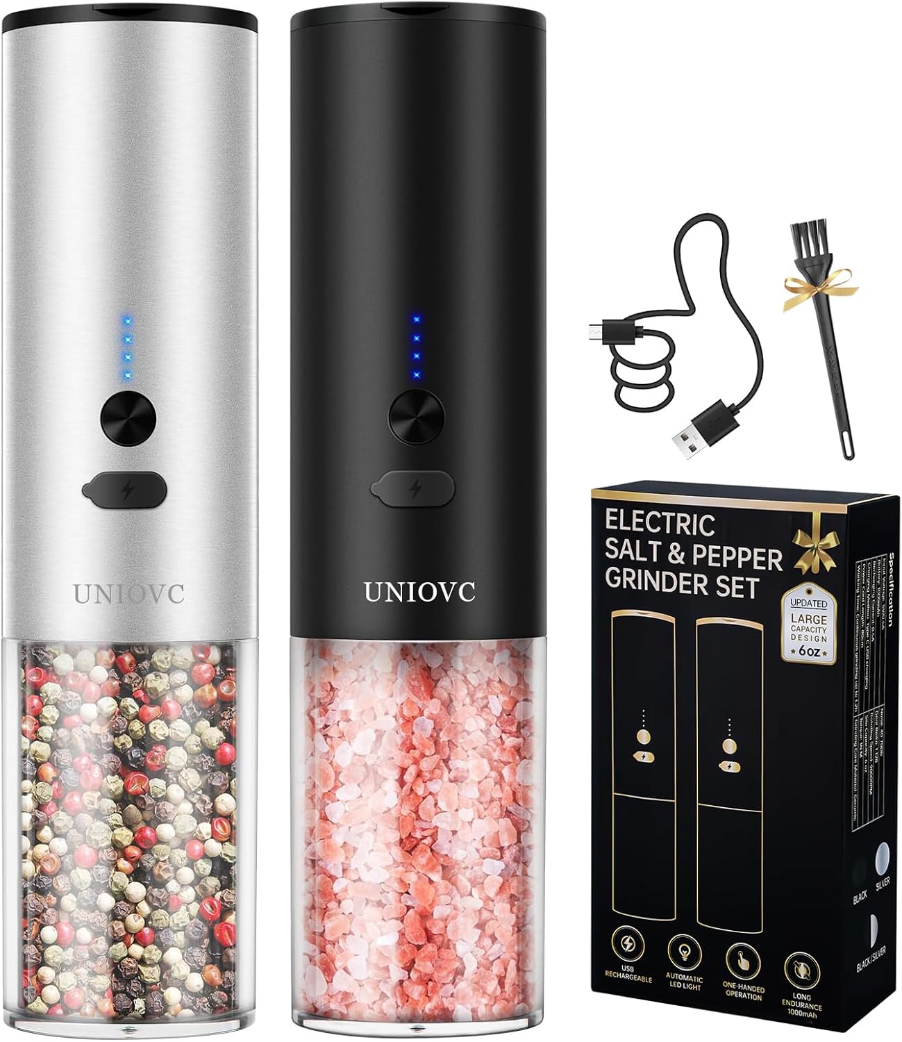 Electric salt and Pepper Grinder Set With USB Rechargeable,Automatic Pepper Grinder with LED Light,Large Capacity Electric Pepper mill with Adjustable Coarseness,salt and pepper shakers set