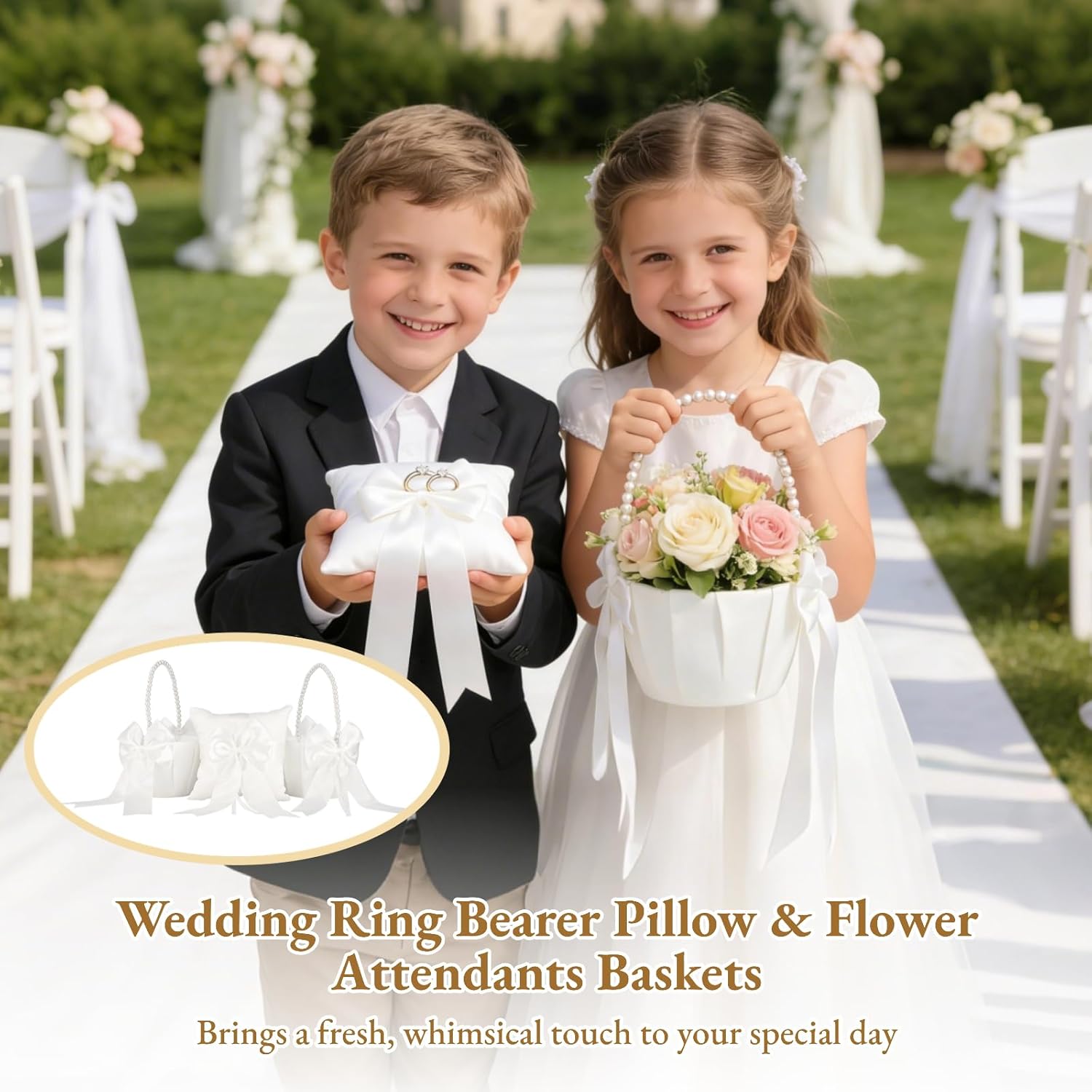 3 Pcs Wedding Ring Bearer Pillow and Flower Baskets Set, White Ribbon and Pearl Handle, Creates Romantic Weddings