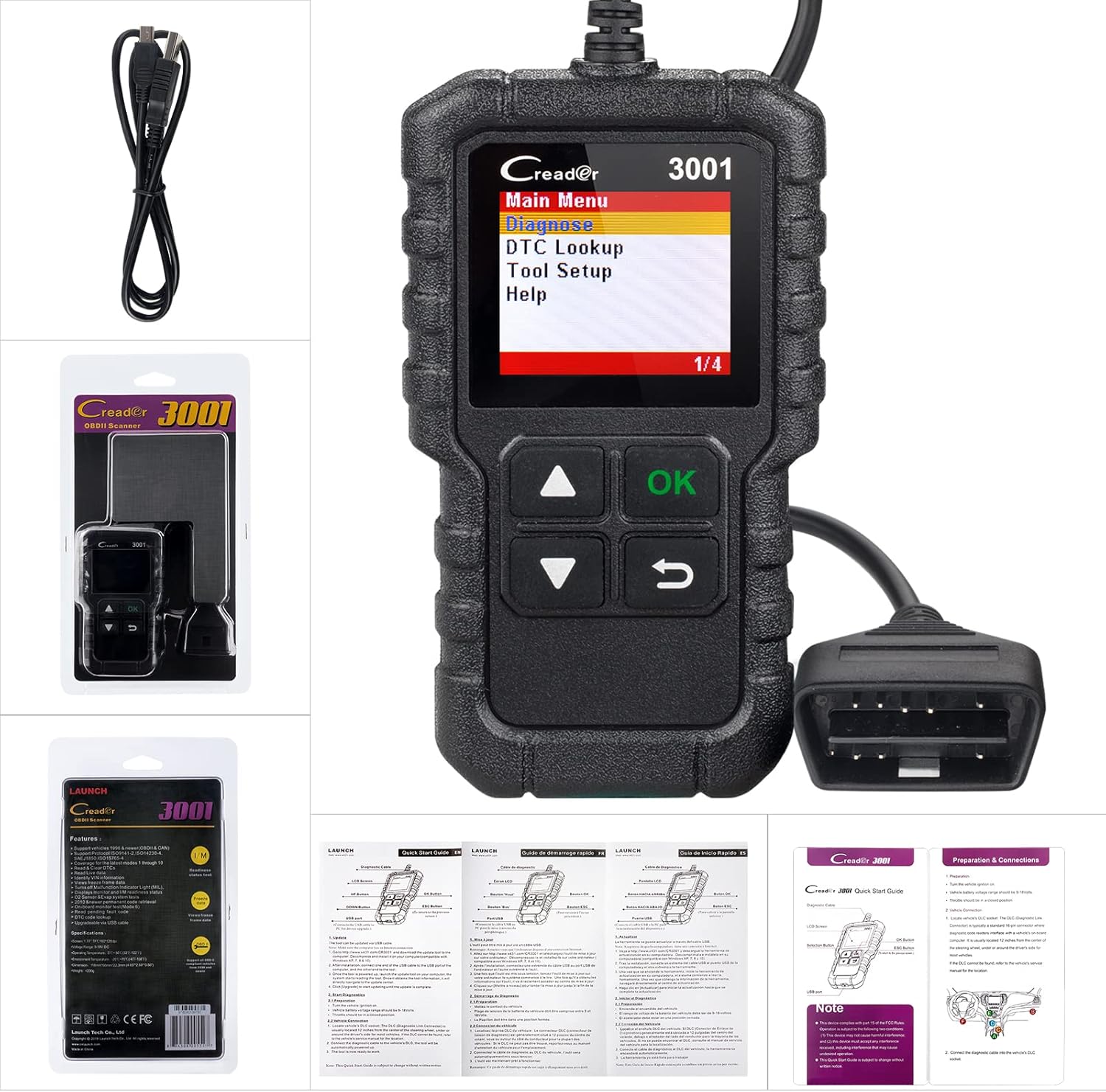 LAUNCH Creader 3001 OBD2 Scanner Code Reader Read & Erase Fault Codes Turn Off Check Engine Light O2 Sensor Systems Test DTC Lookup for All OBDII Protocol Cars Since 1996 : Automotive