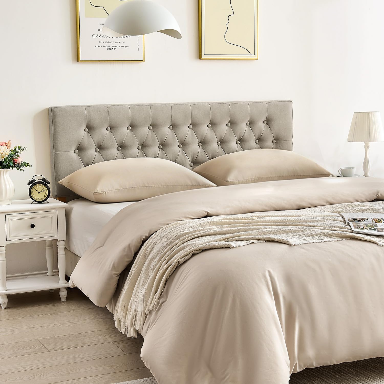 Upholstered Headboard King Size, Durable and Stable Bed Headboard with Solid Wood Legs, Adjustable Height from 37" to 51" Modern Head Board, Khaki