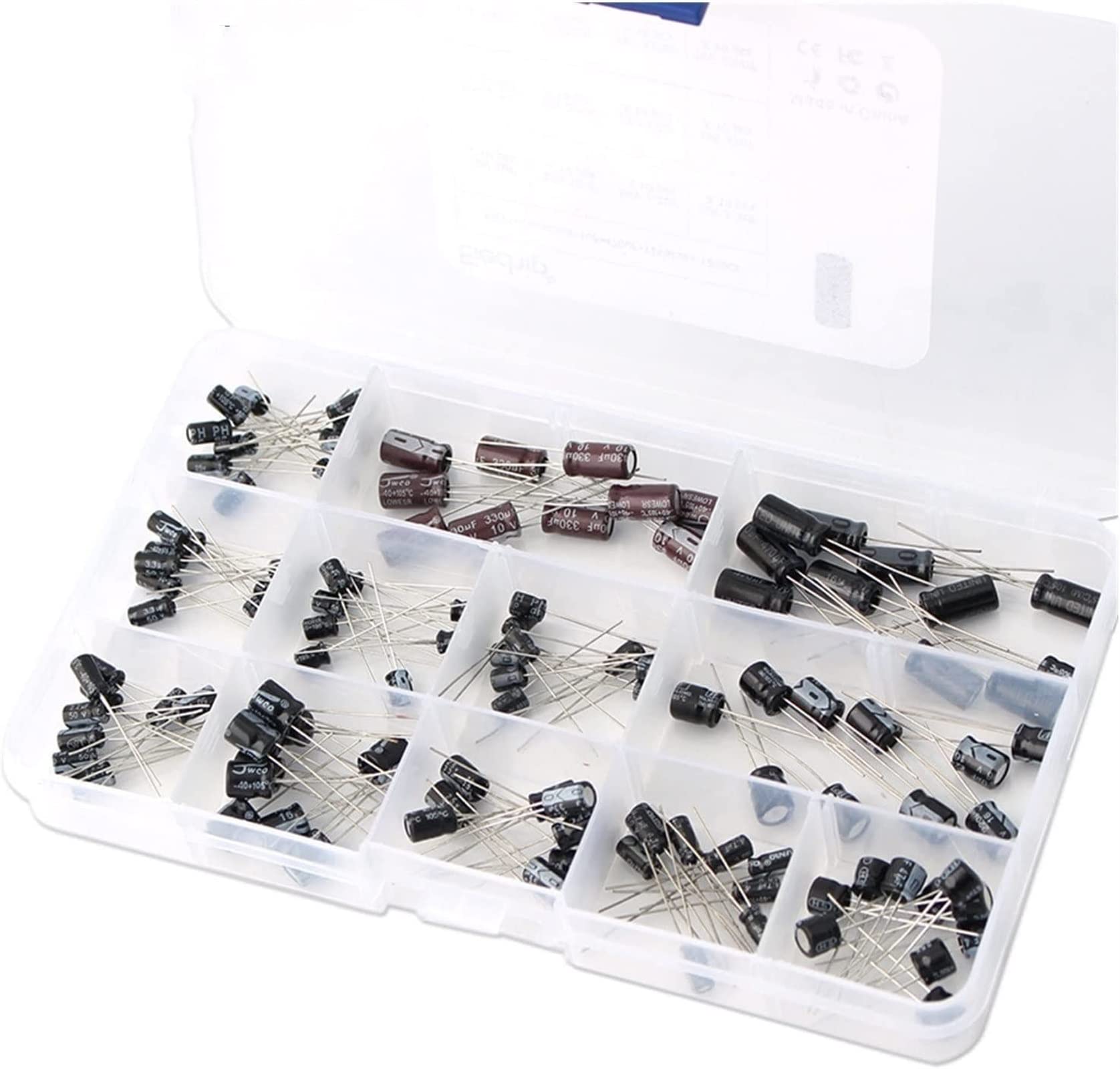 Accesorios electrónicos Kit de condensadores 120pcs / lot 12values ​​1uF-470uF Kit de surtido de condensadores electrolíticos de aluminio 16V-50V condensadores electrolíticos Caja de surtido Conjunto