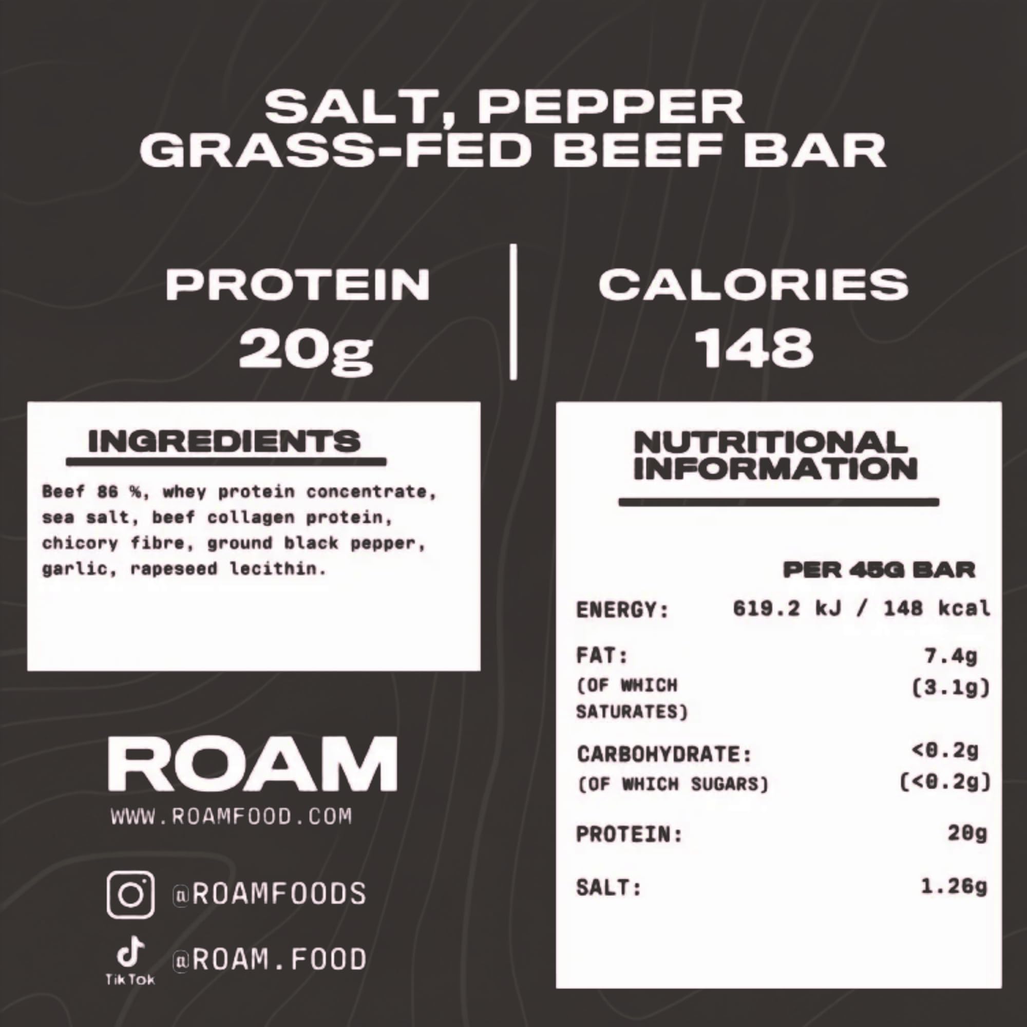 ROAM Beef Protein Bars, Jerky-Style Protein Snacks, Salt & Pepper 12er Pack (12 x 45g) | Herzhafte Protein Snacks aus Grass-Fed Rindfleisch