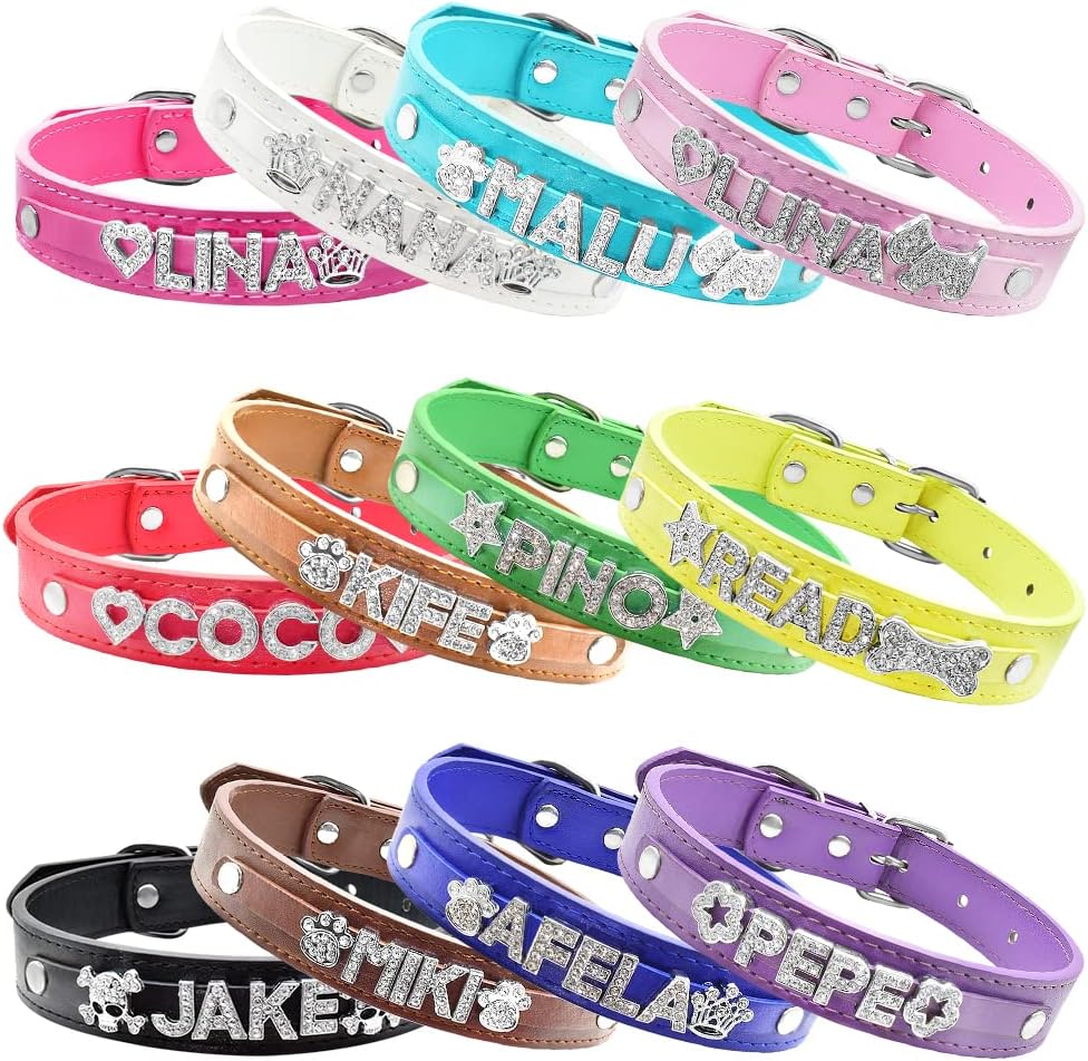 Personalized PU Leather Dog Collar with Bling Name,Custom Sparkling Rhinestone Name Dog Collar and Leash Set for Small Medium and Large Dogs(L,Purple Set)