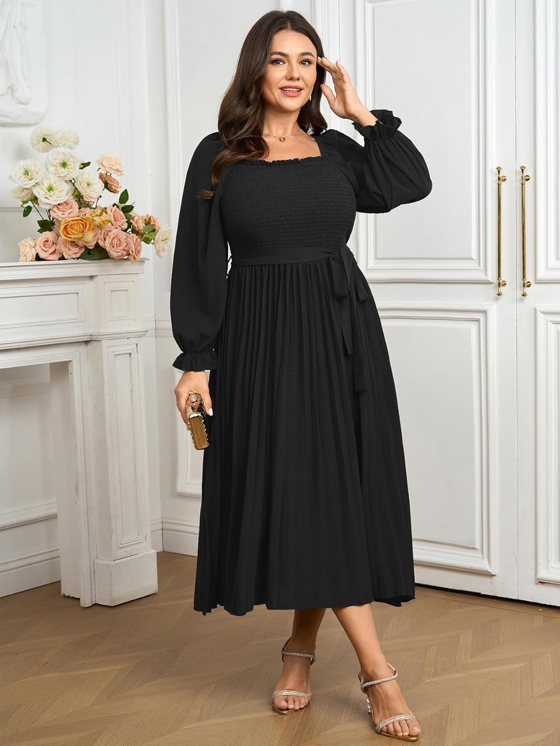 Women's Plus Size Dress Long Sleeve Smocked Square Neck Ruffle Pleated Flowy Wedding Guest Maxi Fall Dress - Image 2