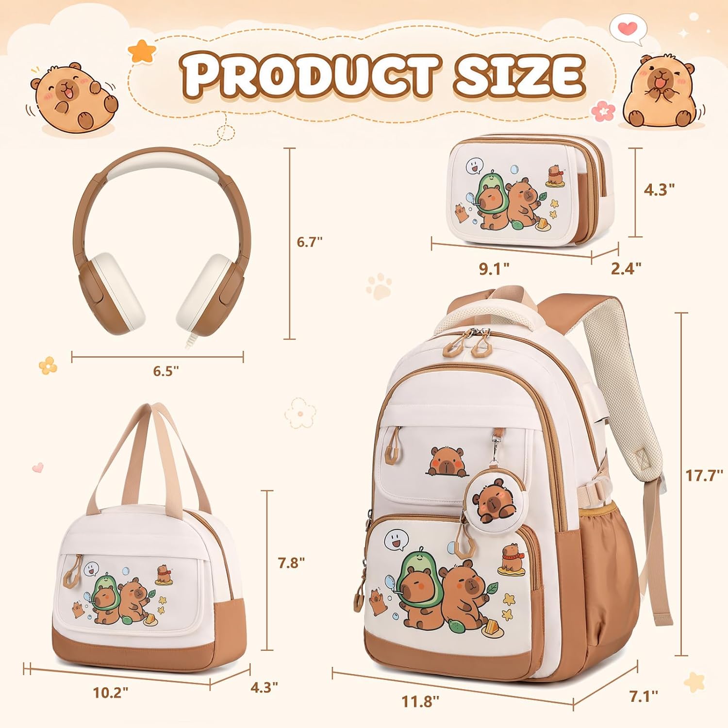 4PCS Capybara Theme Backpack for Girls with Wired Headphones image 2
