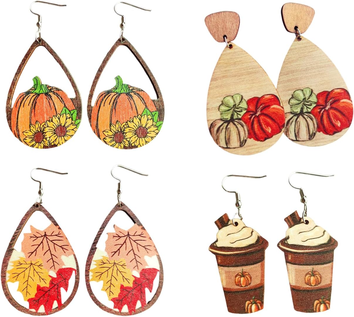 Fall Earrings for Women Thanksgiving Day Wooden Painted Earrings Cute Pumpkin Maple Leaf Sunflower Turkey Teardrop Dangle Earrings Lightweight Fun Autumn Drop Earrings For Girls Jewelry