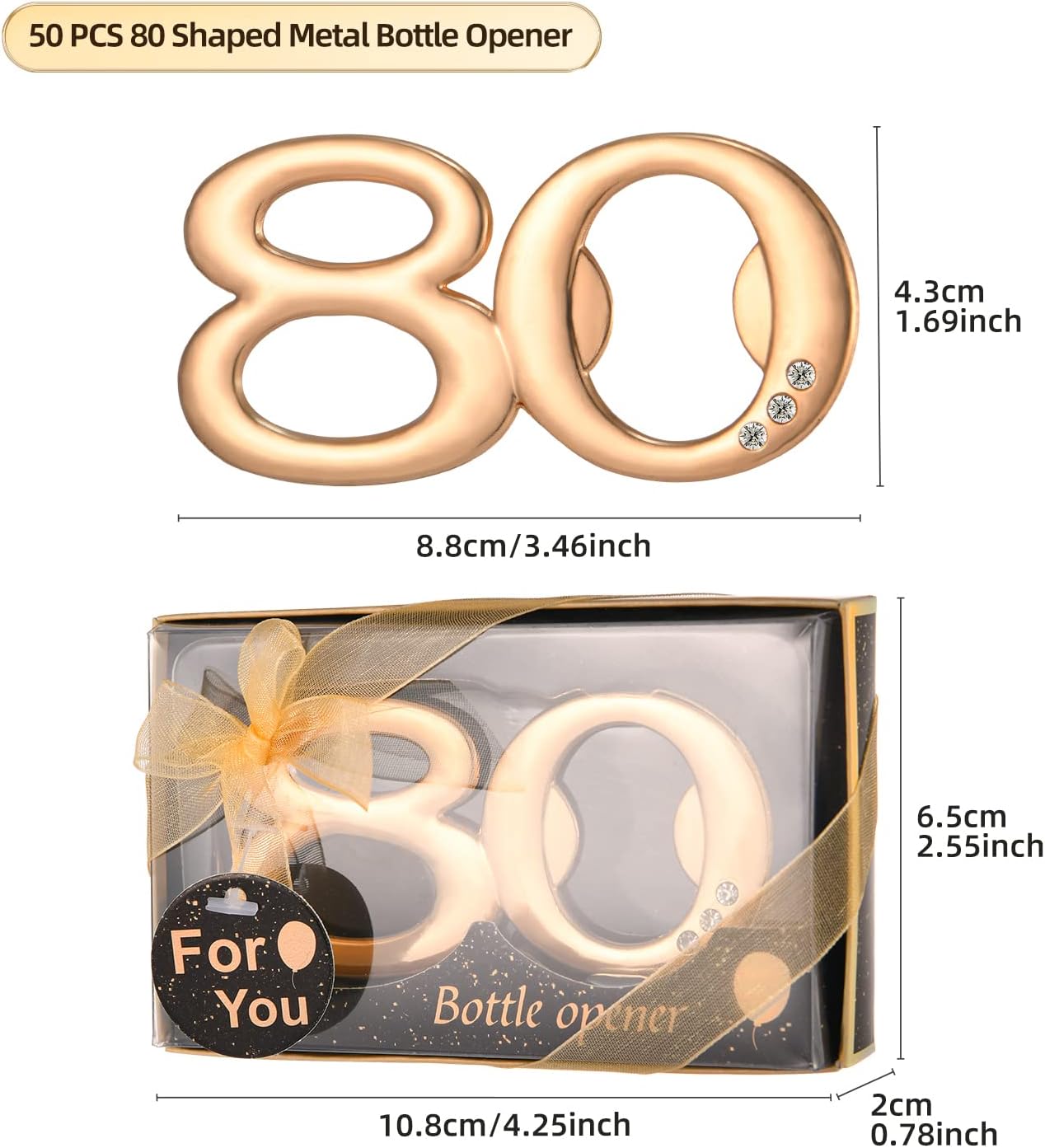 50Pieces 80 Bottle Opener Gifts for 80th Birthday Party Favors 80th Anniversary Party Return Gifts or Souvenirs for Guests , Gold and Black Theme Party Decorations (80)