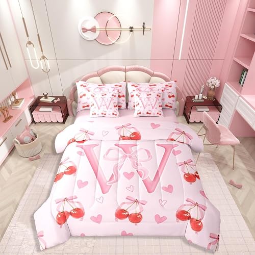 Initial Letter W 7 Pieces Bedding Set Twin,Kawaii Bow Monogrammed Bed in a Bag,P