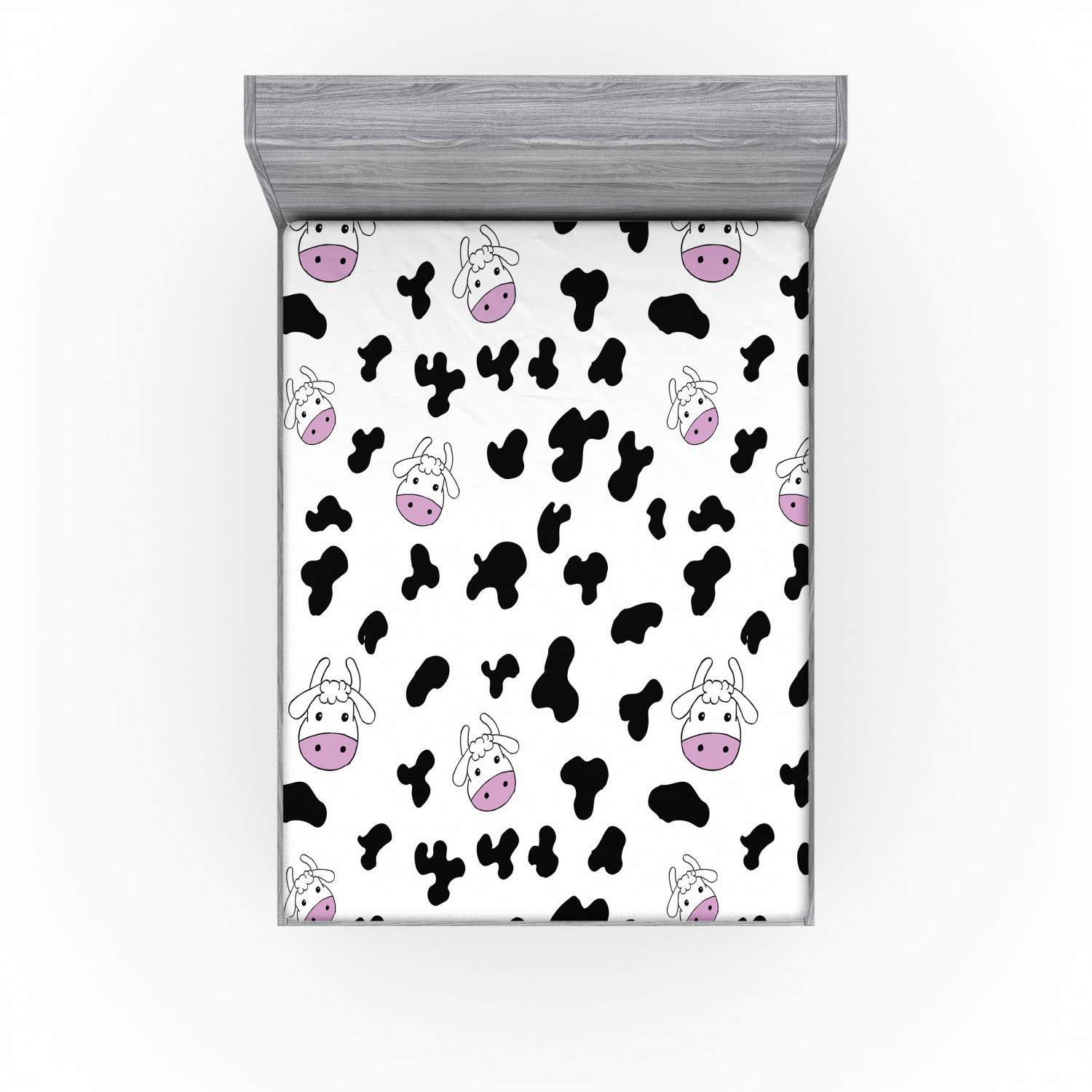 Ambesonne Cow Print Fitted Sheet, Animal Cow Hide Pattern Doodle Cartoon Drawing Farming Husbandry, Bed Cover with All-Round Elastic Deep Pocket for Comfort, King Size, Pink Black