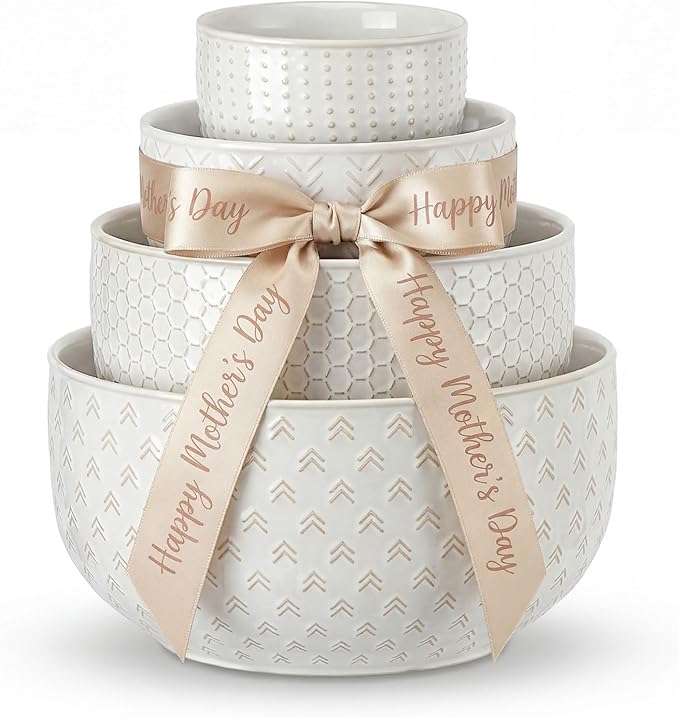 Lareina Ceramic Large Mixing Bowls Set of 4, Nesting Bowls for Cooking, Baking, Salad Etc, Serving Bowls, Mother's Day & Housewarming Gift, Microwave/Dishwasher Safe - 20/44/98/145 OZ, Ivory White
