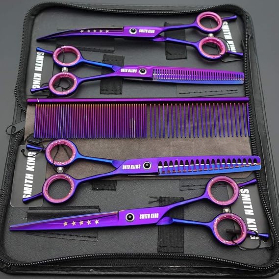 7.0 Inch Professional Dog Grooming Scissors Set Straight & Thinning & Curved & Chunker & Comb 5 Pieces in 1 Set for Left-Handers & Right-Handers