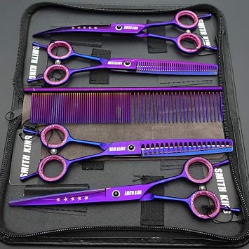 7.0 Inch Professional Dog Grooming Scissors Set Straight & Thinning & Curved & Chunker & Comb 5 Pieces in 1 Set for Left-Handers & Right-Handers