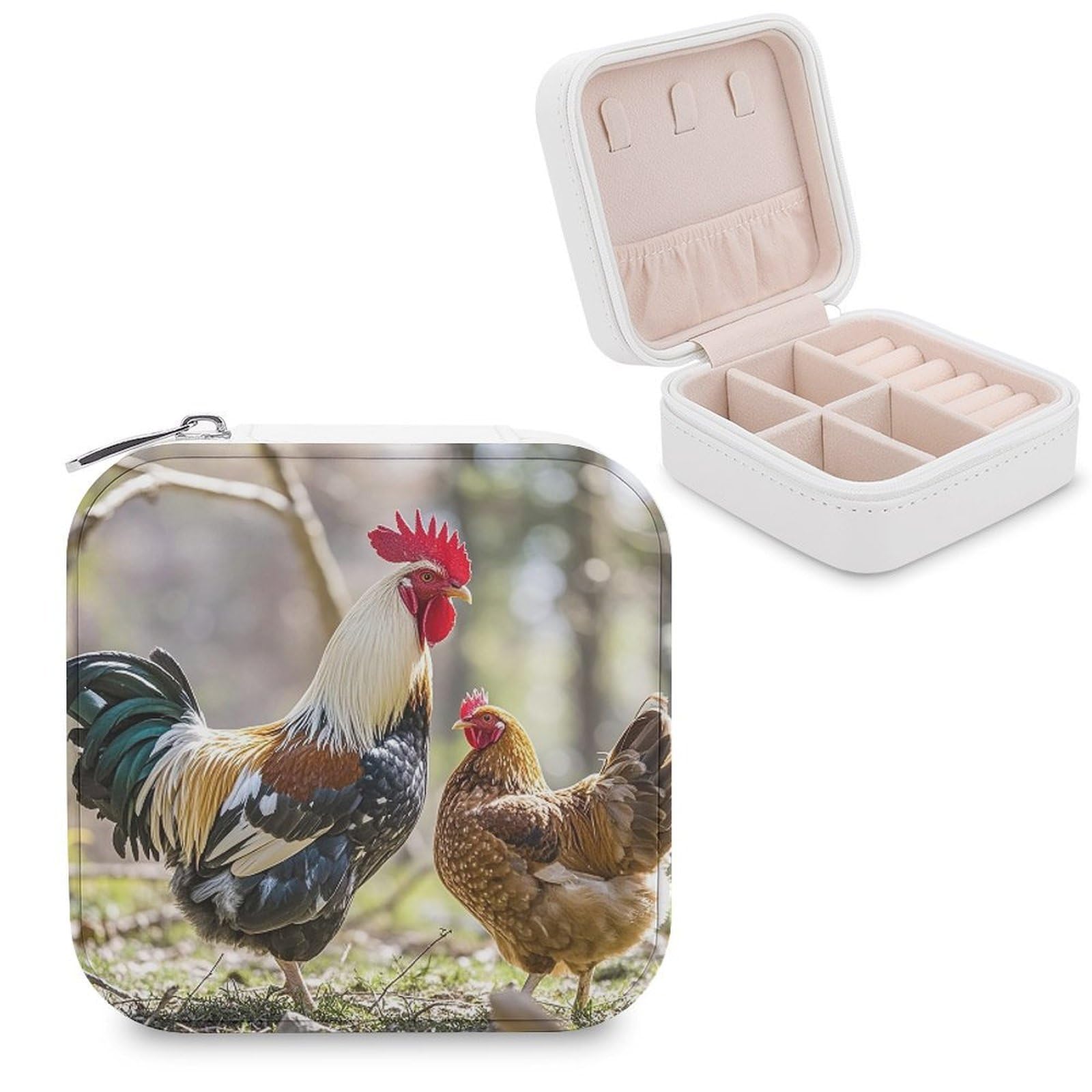 FekiLoot Rooster And Hen Travel Jewelry Box Small Jewelry Organizer Storage Case Portable PU Leather Mini Jewellry Travel Case Necklace Ring Storage Organizer Gift for Women