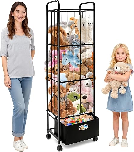 Miniatura 10 de Almacenamiento de animales de peluche, soporte de metal para zoológico con cajón de tela y ruedas verticales altos, organizador de juguetes, jaula