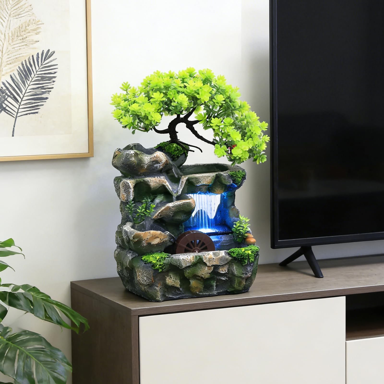 Fontaine d'intérieur avec éclairage LED, Fontaine de Table d'eau en Rocaille Cascade de Bureau Cascade de méditation Zen Fontaine de Bureau avec Plantes Décoration pour Salon