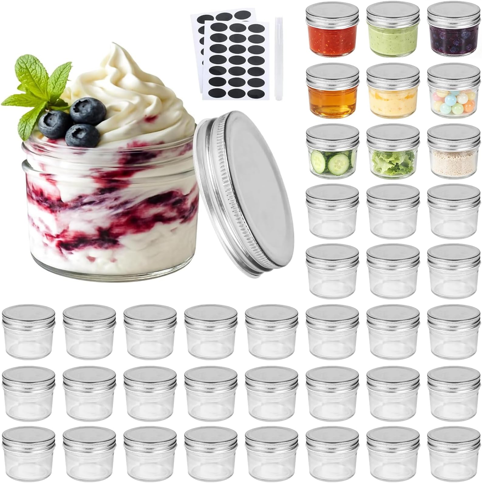 Accguan 4oz Small Glass Jars with lids (Silver),Mini Mason Jars,Set of 40