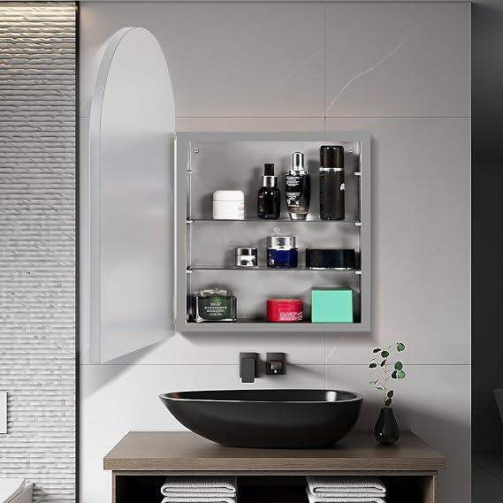 soges Silver Medicine Cabinet Mirror with 2 Adjustable Storage Shelves, 36x24 Arched Recessed Medicine Cabinet with Beveled Edge Mirror for Bathroom, Wall Mounted Deep Metal Framed Mirror Cabinet