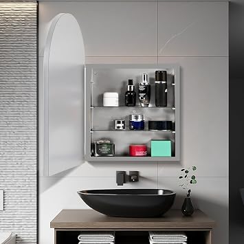 soges Silver Medicine Cabinet Mirror with 2 Adjustable Storage Shelves, 36x24 Arched Recessed Medicine Cabinet with Beveled Edge Mirror for Bathroom, Wall Mounted Deep Metal Framed Mirror Cabinet